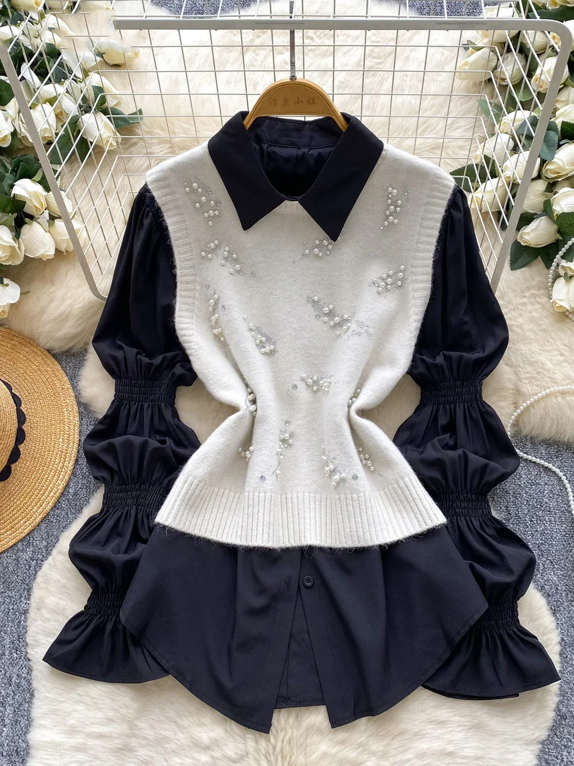 

Новый комплект с круглым вырезом и бисером Heavy Diamond, вязаный жилет, универсальная однотонная рубашка с длинными рукавами, корейский шикарный повседневный уличный комплект из двух предметов