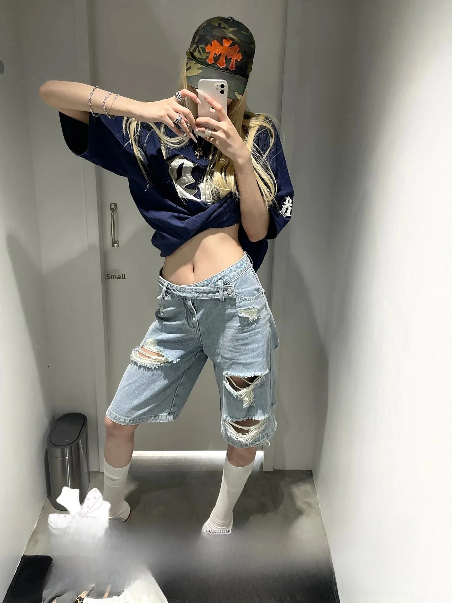 Rase Le Sol American Vintage Washed Denim Jorts Low Waist Torn Five-Point Cotton Summer Loose Fit Ladies Jeans