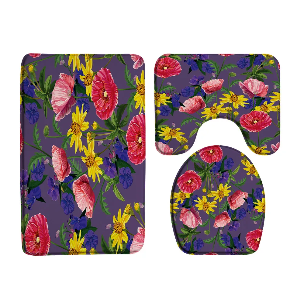 3Pcs Tropical Poppy Floral Leaves Bathroom Rug Set Flowers Green Plant Garden Flannel Doormat Non-slip Bath Mat Lid Toilet Cover