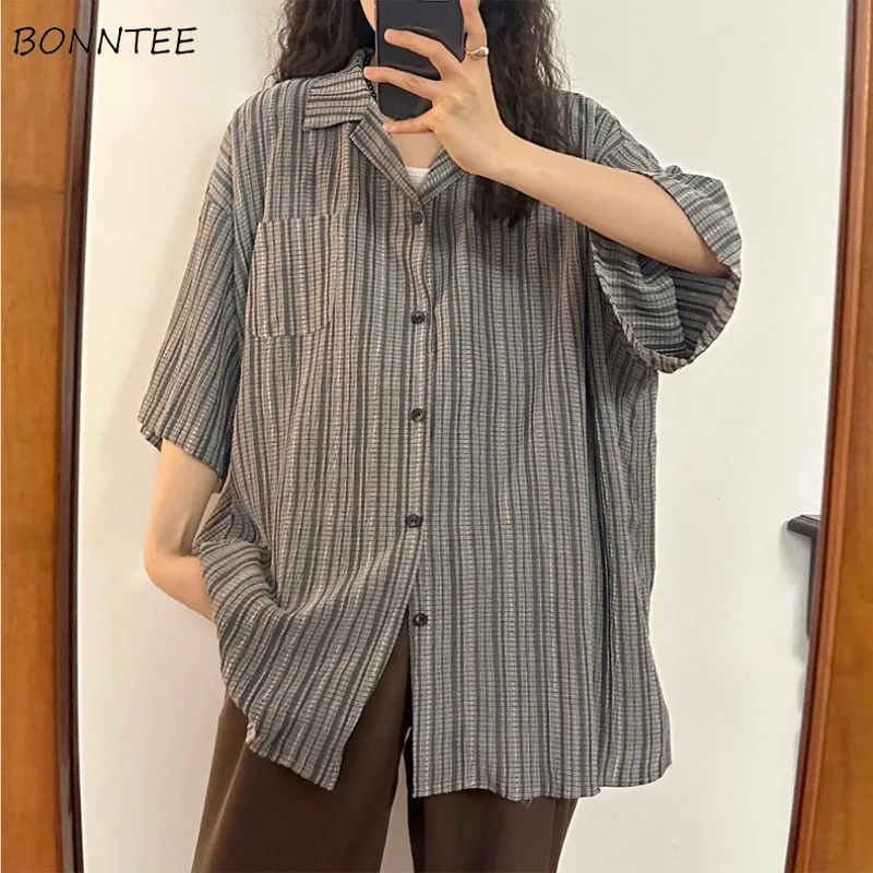 

Shirts Women Striped Daily Unisex All-match Harajuku Cozy Loose Fit Korean Fashion Popular Streetwear Summer Young Leisure Tops