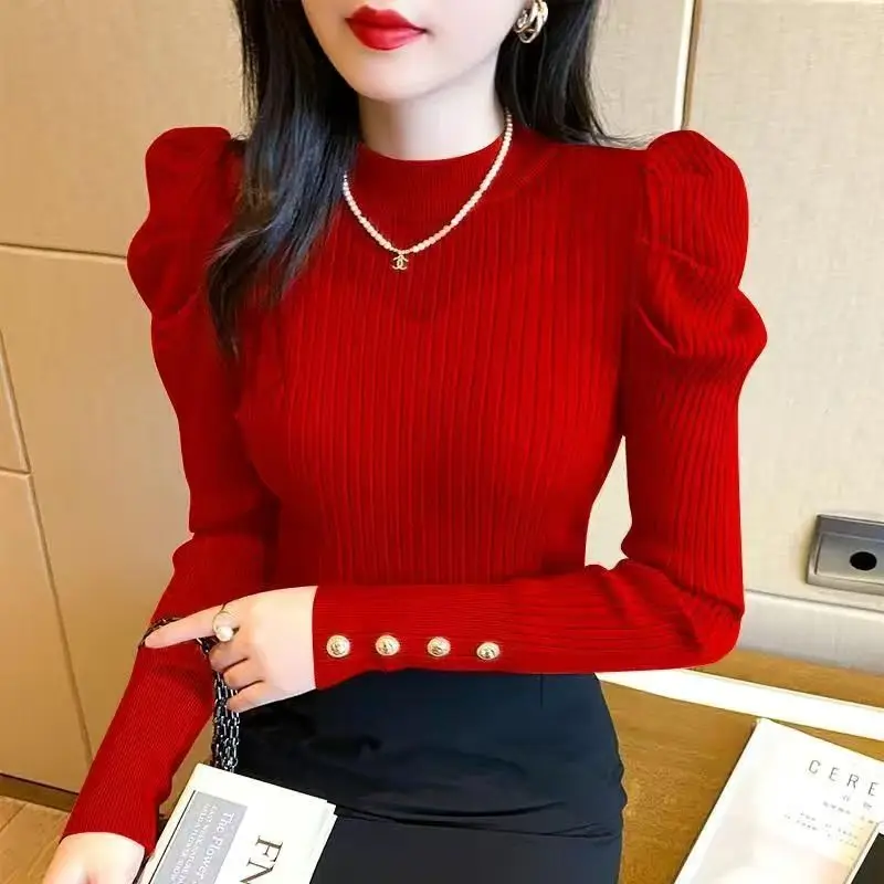 Chic Semi-Turtleneck Puff Sleeve Sweater Women Slim Long Sleeve Knit Top Versatile Essential for Spring Outfits