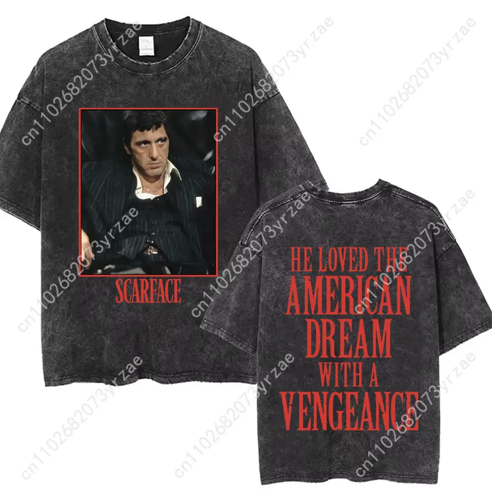Scarface Retro Wash Tshirt 남자 여자 고품질 빈티지 T 셔츠 코튼 반팔 패션 T 셔츠 부드러운 통기성 탑
