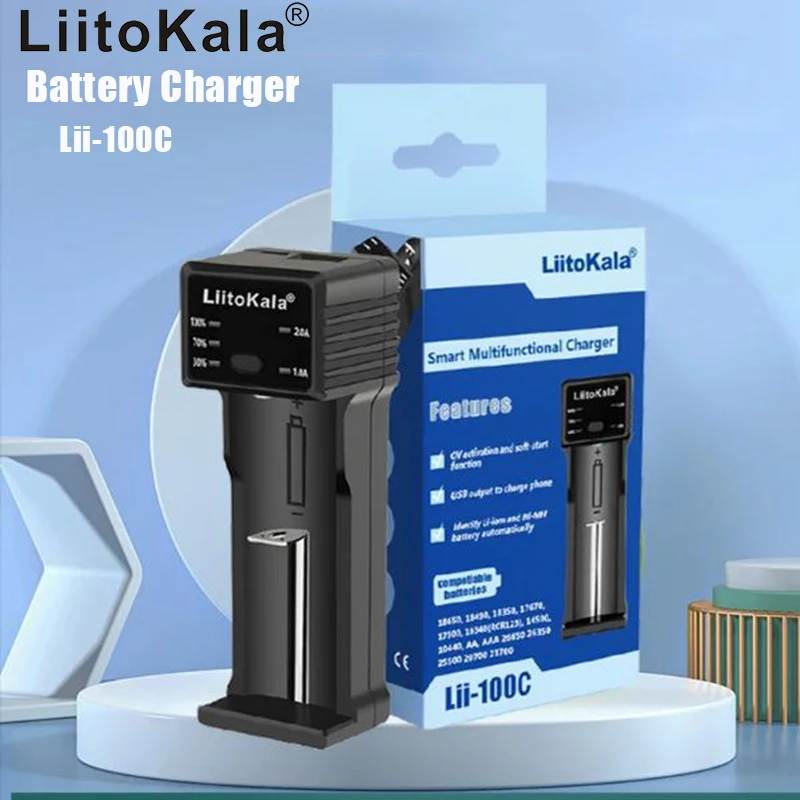 

LiitoKala Lii-100C 21700 Battery Charger For 18650 18350 26650 16340 RCR123 14500 3.7V 1.2V Ni-MH Ni-Cd 2A USB Smart