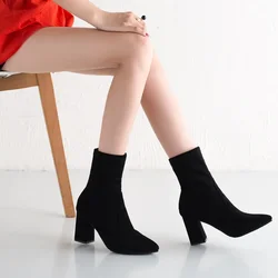Classics Women's Boots Ankle Flock Fashionable Pointed Wearing Outside Autumn Winter New Item for Warmth Square Heel Women Shoes
