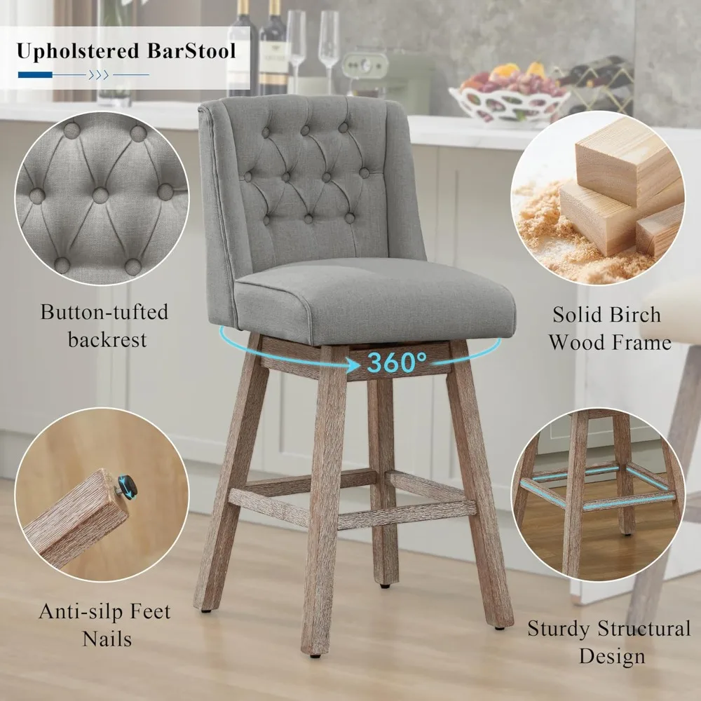 Conjunto de 2 bancos de bar com altura de balcão, 360 ° Bancos de bar giratórios com encosto e pernas de madeira, banco de bar estofado em tecido de linho Morden 28,5