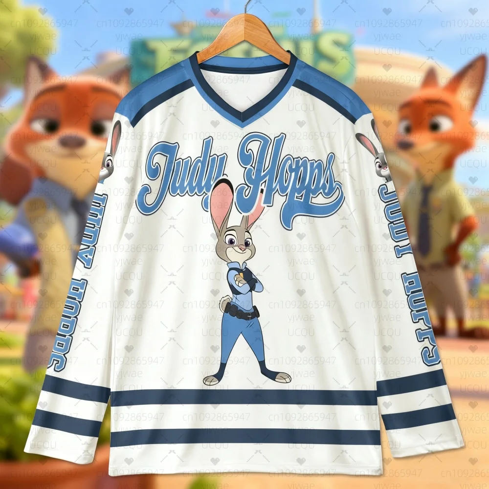 2025 جديد الرجال النساء نيك وايلد جودي فلاش طباعة الهوكي جيرسي Zootopia جيرسي ، الرجال الخامس الرقبة طويلة الأكمام تي شيرت الرجال VintageT-shirt