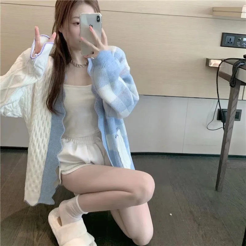 Vest voor dames Geruite kleding Verkoop 2025, Trend Top met lange mouwen Mode Jeugd Kantoorkleding Blauwe gebreide trui Vrouw