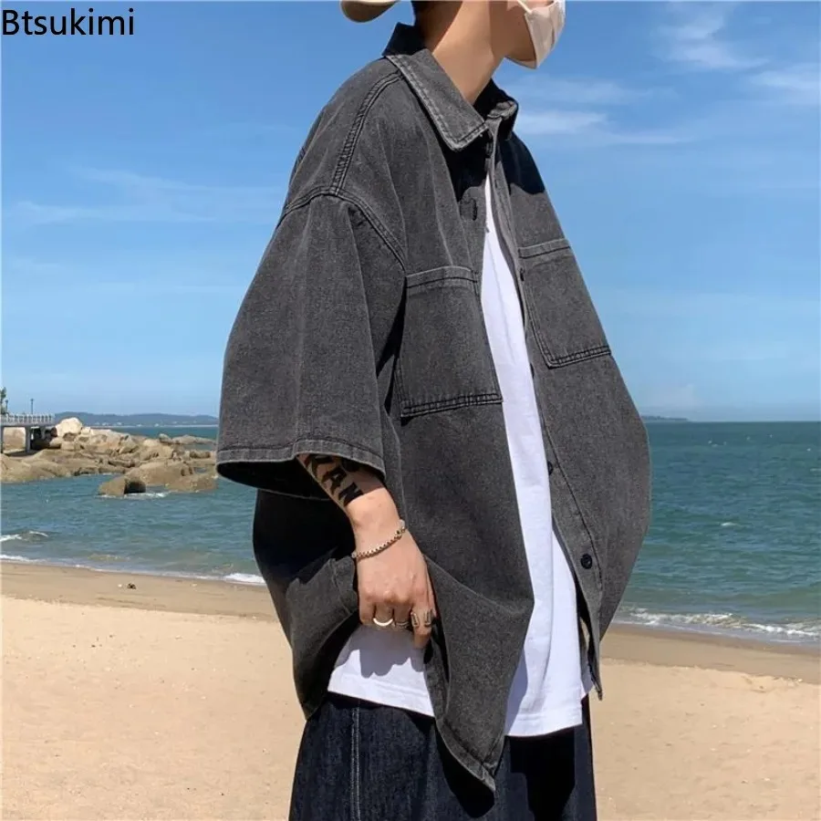 Vintage Casual Denim Shirts for Men Spring Summer New Loose-fit Lapel Shirt Jacket Fashion Streetwear Men's Versatile Shirt Tops
