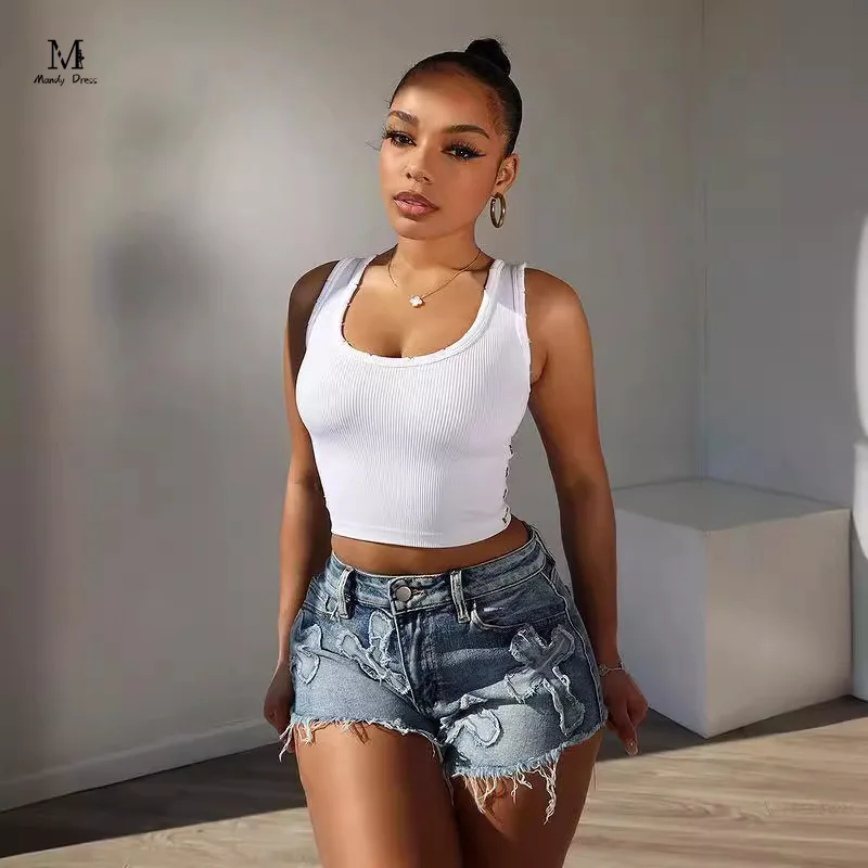 

Sexy Cotton Denim Shorts Women Cross Embroidered Zipper Pockets Stretch Skinny Summer Fashion Street Short Jeans 2024