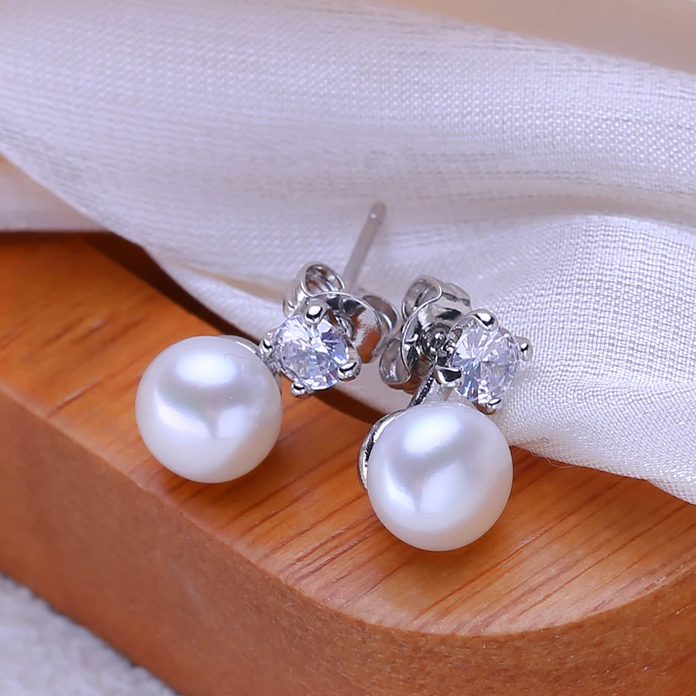 FENASY Genuine Natural White Freshwater Pearl Earrings 925 sterling silver Classic Elegant Stud Earrings For Women Fine Jewelry