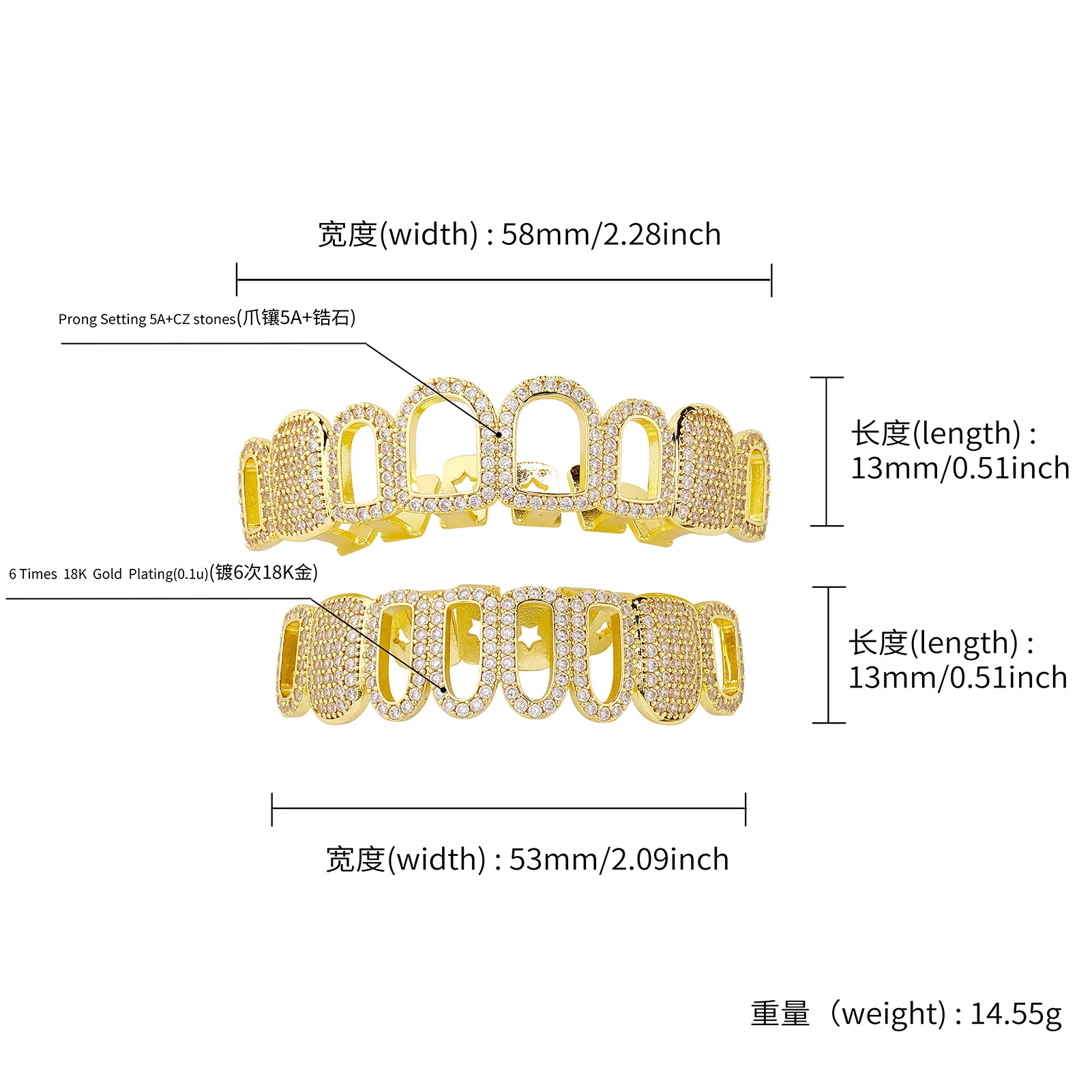 TOPGRILLZ Hollow Window Grillz Set 8 Oben 8 Unten Vergoldetes Kupfer mit CZ-Besetzter Kante Hip-Hop Dekorativer Zahnschmuck für Männer und Frauen – Detail 8