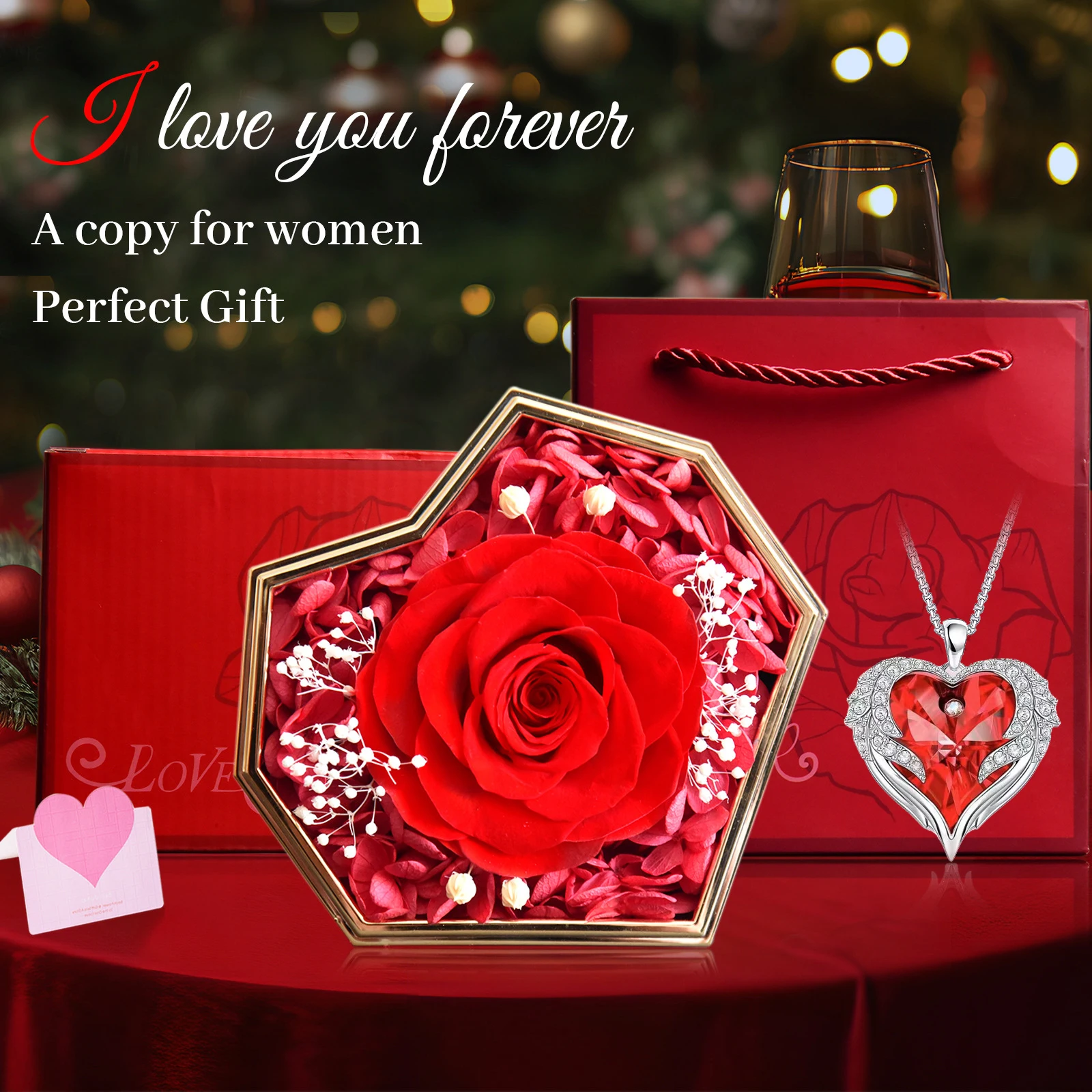 New Hot Selling Valentine's Day Gift Ocean Heart Love Necklace with Eternal Rose Jewelry Box For Girl Mother Christmas Gifts