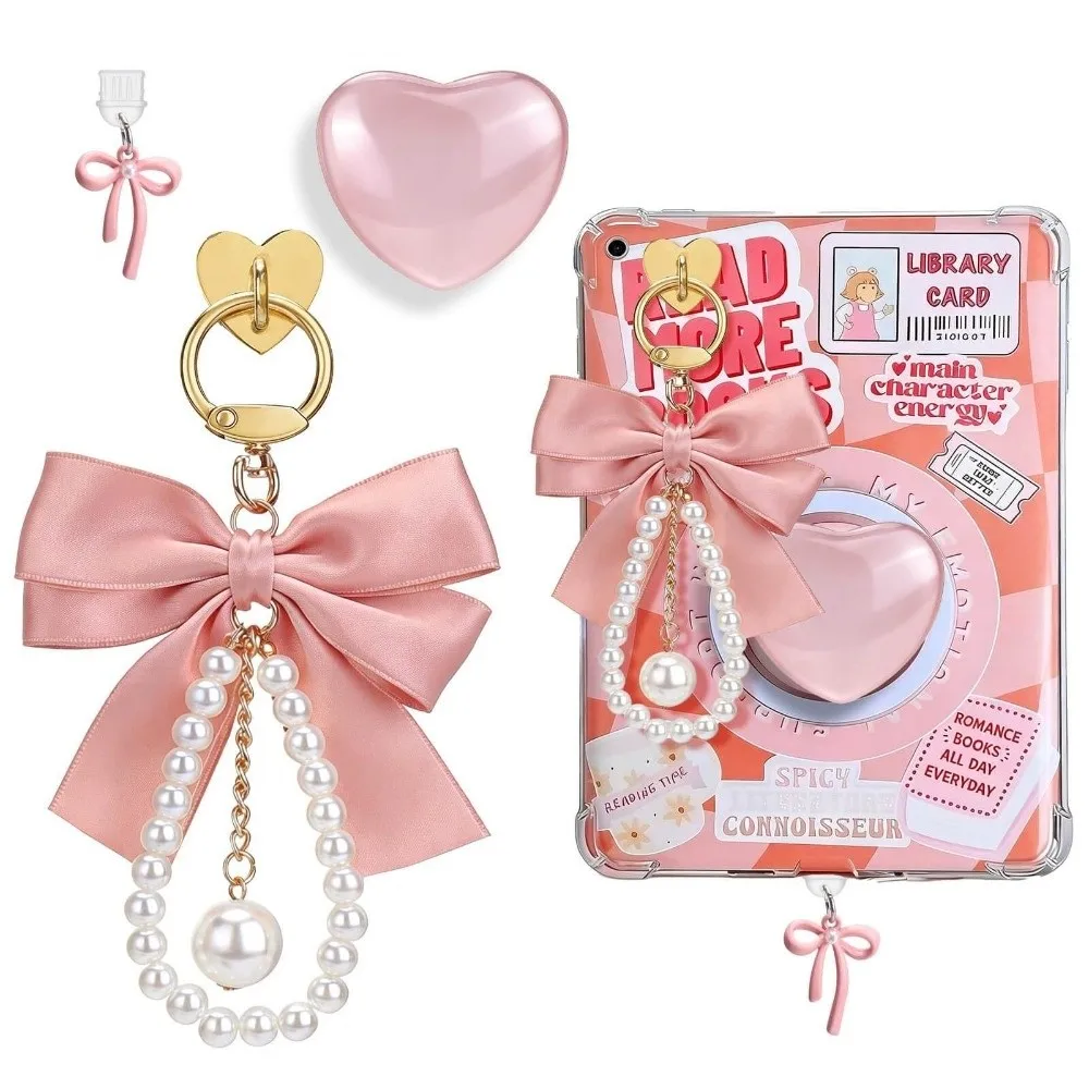 1 Set New Large Bow Tablet Charm Pearl Chain Heart Shaped Holder Set Trendy Phone Pendant Gift
