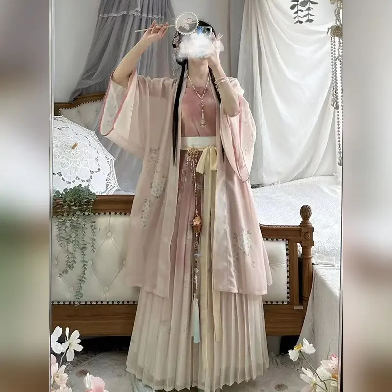 Chinese Style Hanfu Dress Set Women Traditional Elegant Flower Print Princess Dress Female Vintage Sweet Dance Stage Costumes