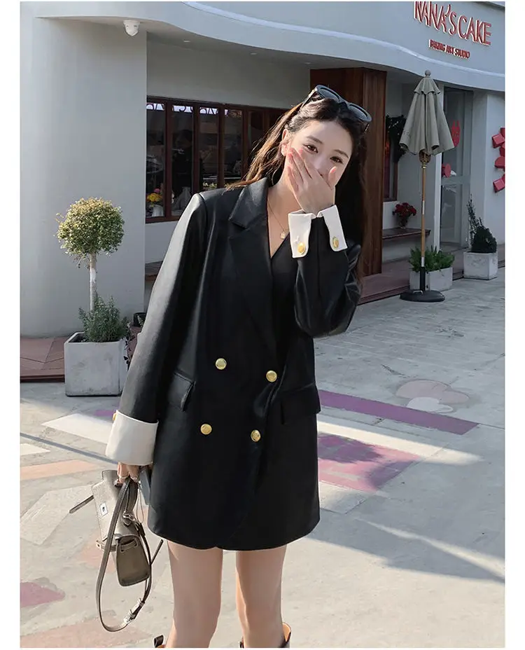 Chaqueta de cuero PU negra de alta gama para mujer, versión coreana de primavera y otoño 2025, diseño suelto e informal, traje bloqueado de Color T