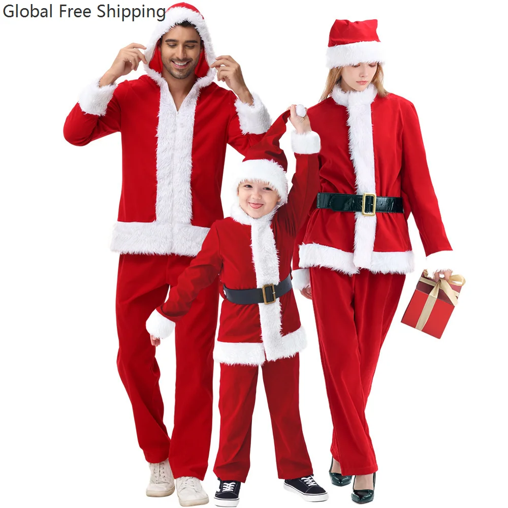 

Family Christmas Santa Claus Costume Set Adult Children Cosplay Red Velvet Parent-child New Year Party Gathering Stage Dress Up