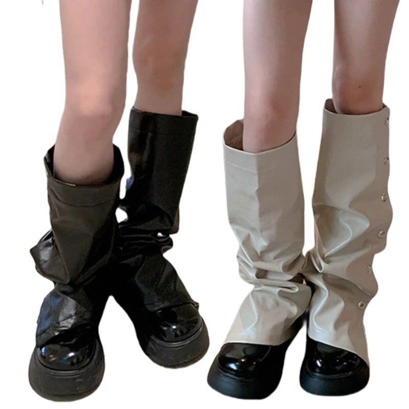 

Women Harajuku PU Leather Leg Warmer with Punk Side Split Buttons Wide Leg Flared Boot Cover Long Calf Socks Streetwear