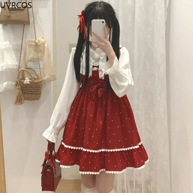 Japanese Kawaii Lolita Style Jsk Dress Women Sweet Bow Polka Dot Print Princess Dresses Cute Lace Ruffles Sleeveless Party Dress