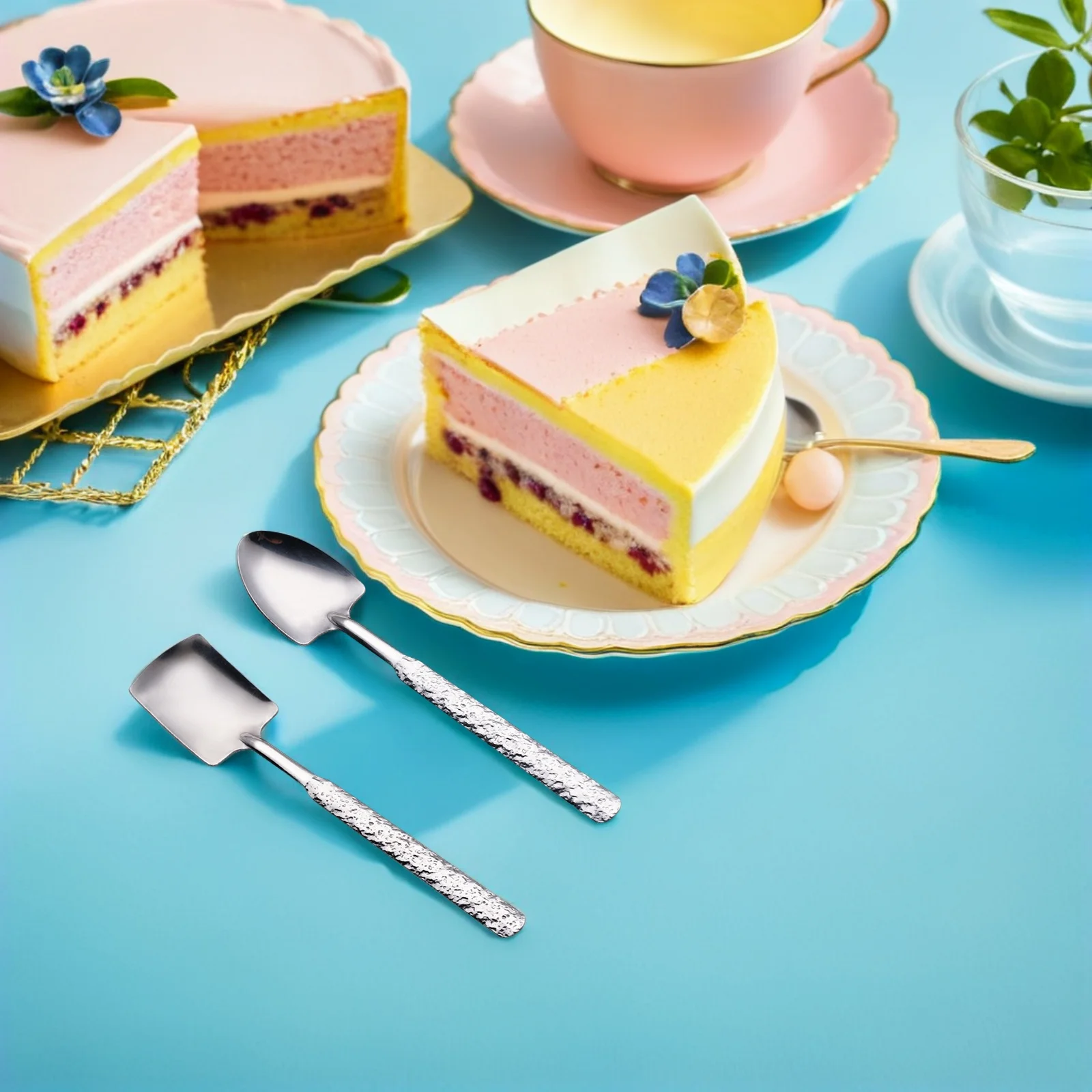 

10pcs Stainless Steel Shovel Spoon Square Head Hammered Dessert Serving Utensil Set For Cake Pudding Ice Cream Fruit Appetizer