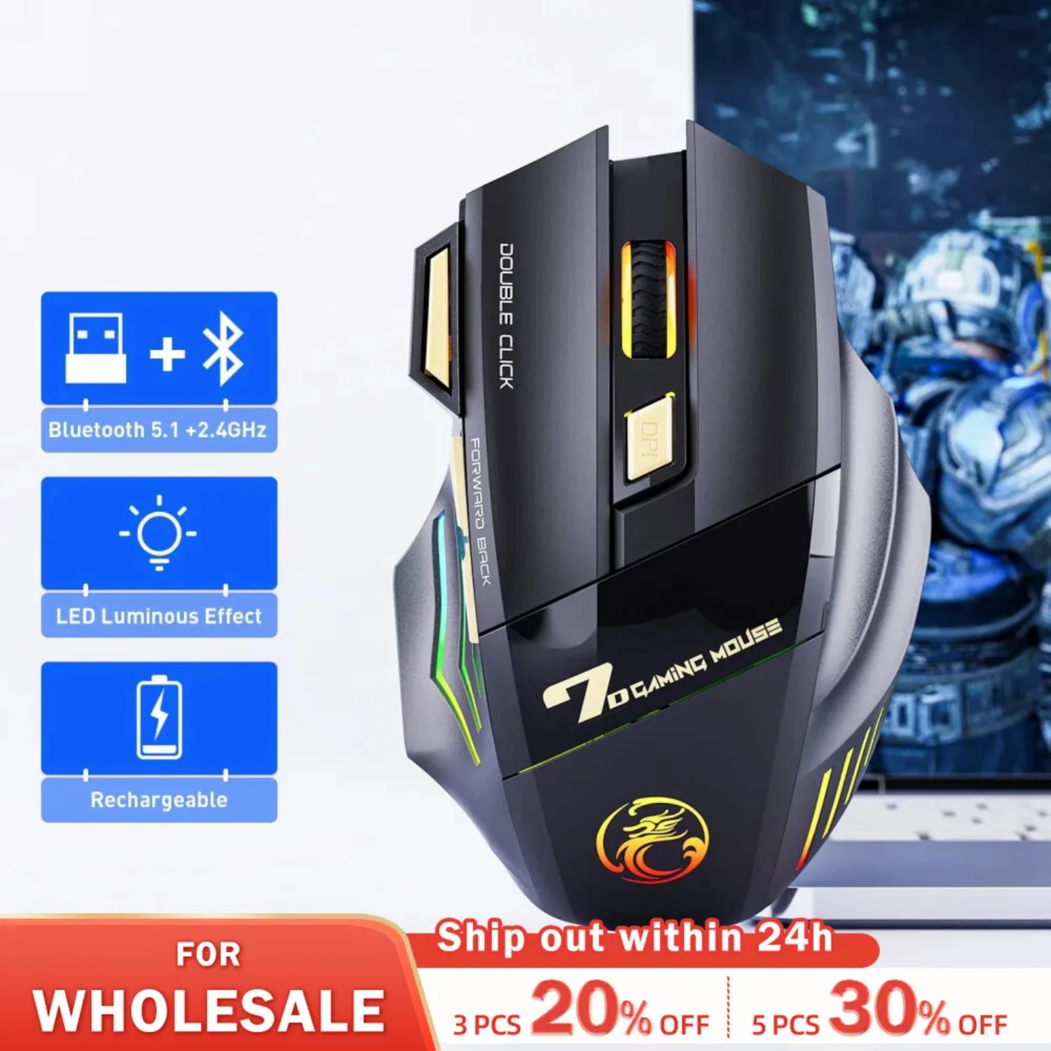 Enhance Your Gaming Experience with Rechargeable Dual Wireless Gaming Mouse - USB GW-X7 with 2.4Ghz Bluetooth, 3200dpi Precision