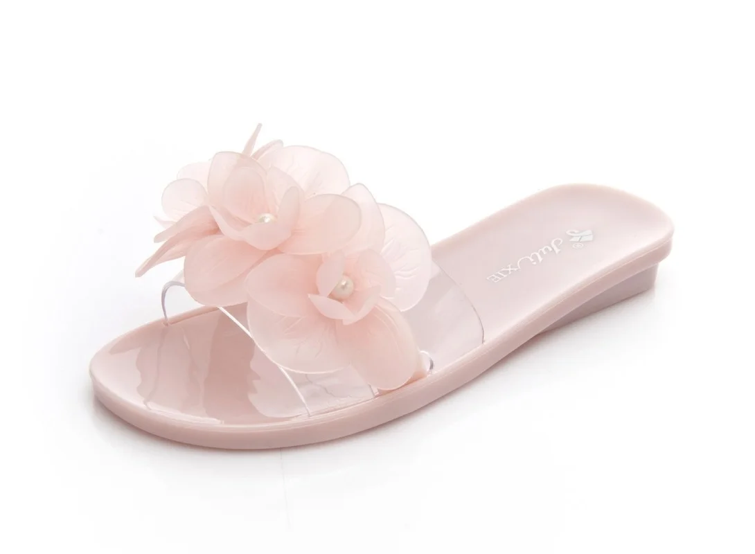 Summer Jelly Slippers Women\'s Single Shoes Flower Crystal Sandals Slippers Fashion Flat Transparent Non-slip Outer Beach Slides