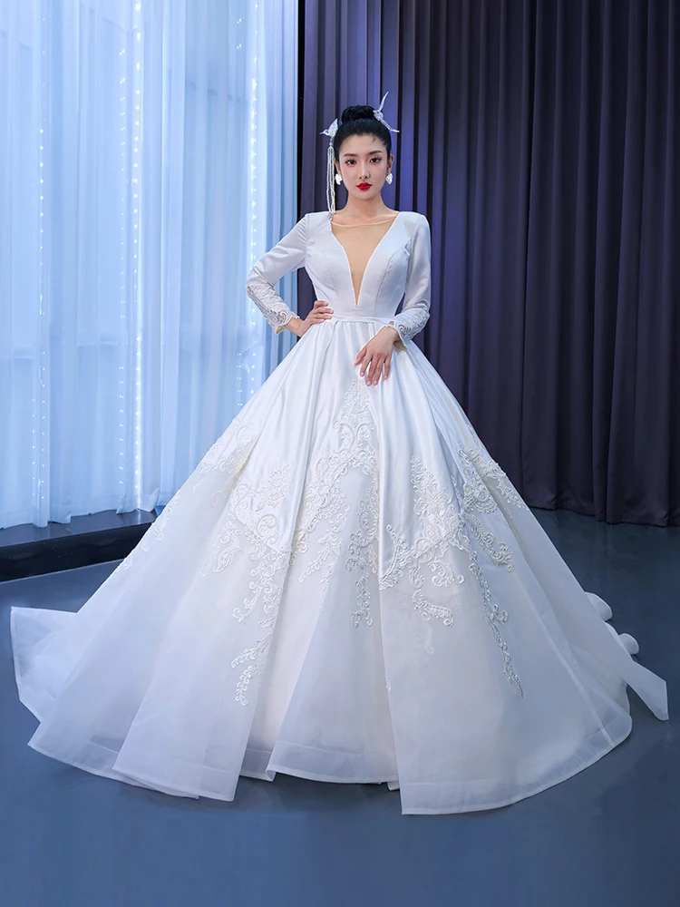 Kisswhite disesuaikan Rsm 67513 gaun pengantin 2022 desain baru dibuat khusus lengan panjang Satin Organza V leher gaun pernikahan seksi