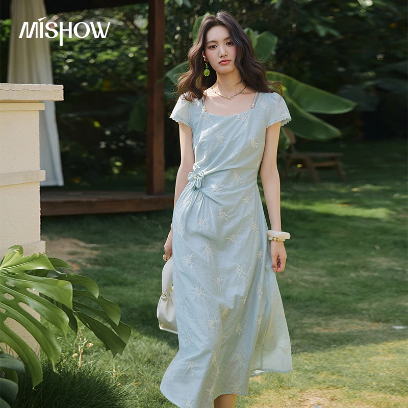 MISHOW Women's Sea Salt Blue Floral Embroidery Midi Dress 2026 Summer Square Side Twist Knot Waist Fairy Long Dress MXF29L2752