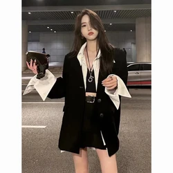 Korean Fashion Fake Two Piece Long Sleeve Coat Women+ Y2k Grunge High Waist Black Skirts 2024 Autumn New   Sets