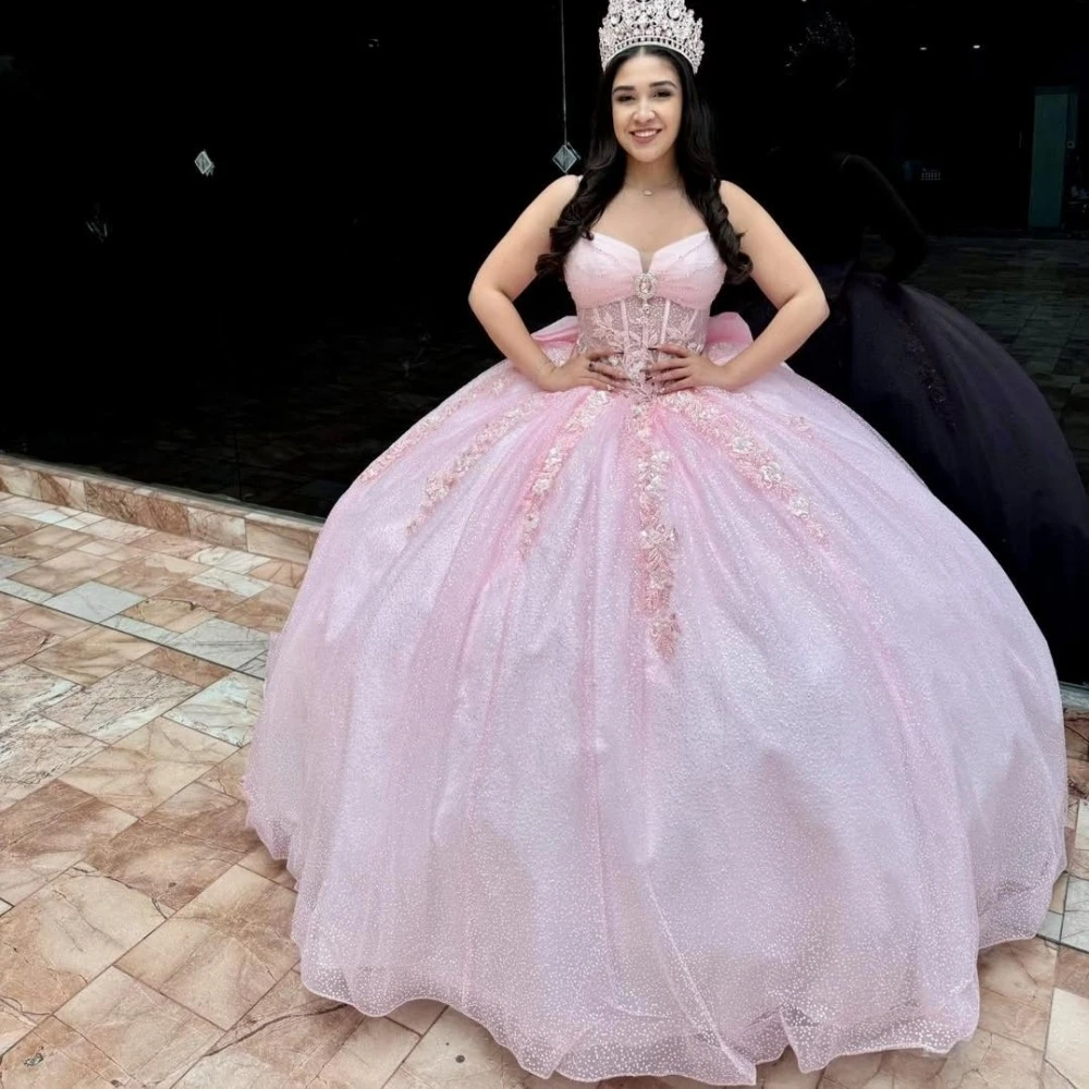 

EVLAST Customized Glitter Pink Ball Gown Quinceanera Dress 3D Floral Applique Beading Bow Sweet 16 Vestidos De 15 Anos E1Q969