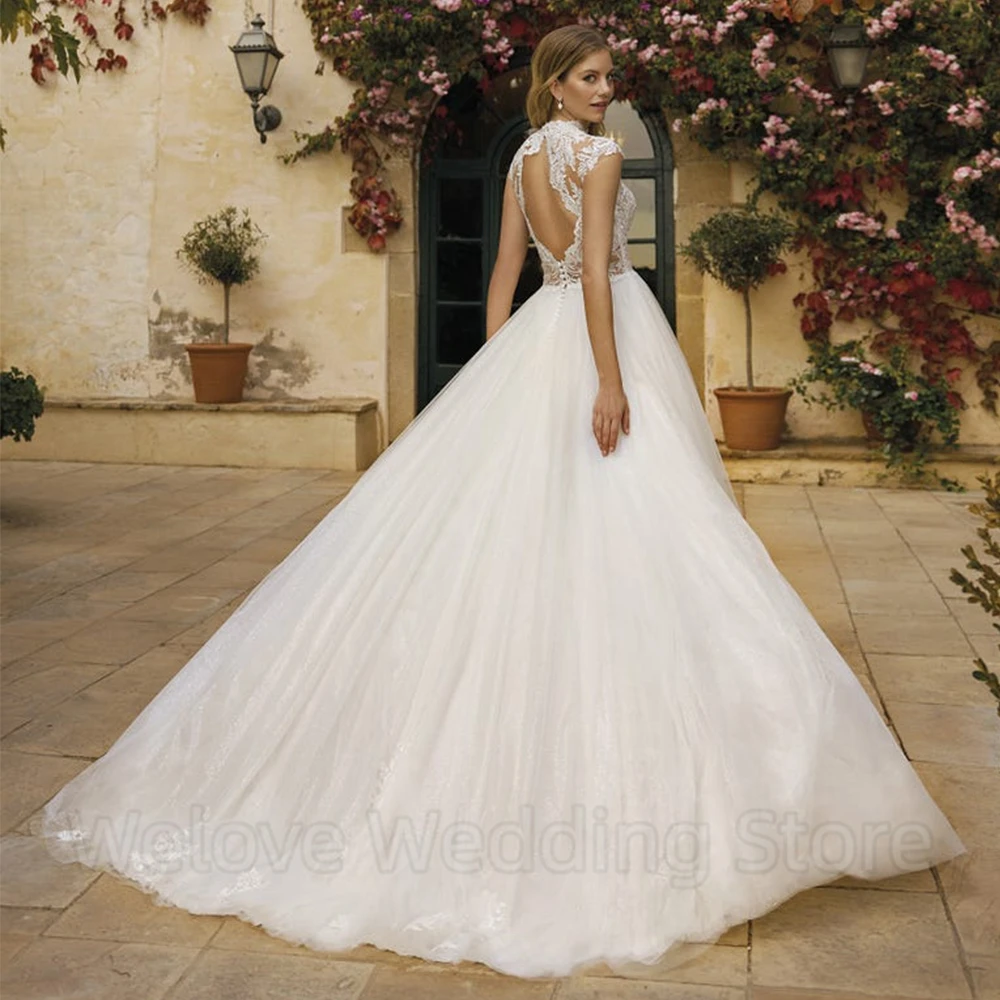 Abito da sposa Vintage con maniche a collo alto abito da sposa classico in Tulle con Applique aperto sul retro a-line lunghezza del pavimento abiti da sposa su misura