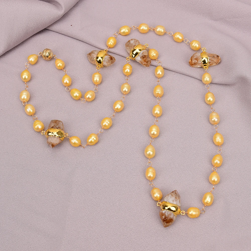 

G-G 36'' Natural Golden Rice Pearl Yellow Citrine Stone Rough Raw Long Necklace sweater chain For Lady