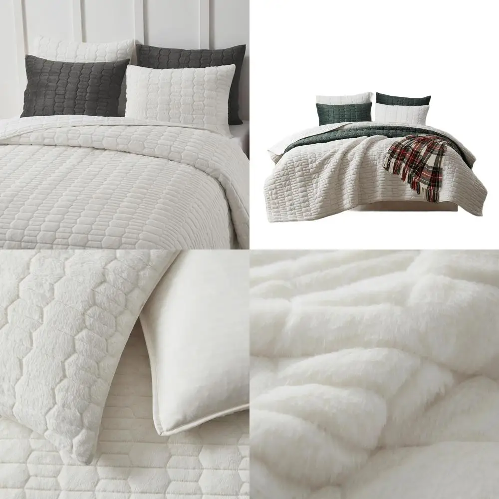 

Комплект из двух предметов: одеяло и покрывало из искусственного меха белого цвета, легкое плюшевое одеяло с геометрической прострочкой для использования в любое время года