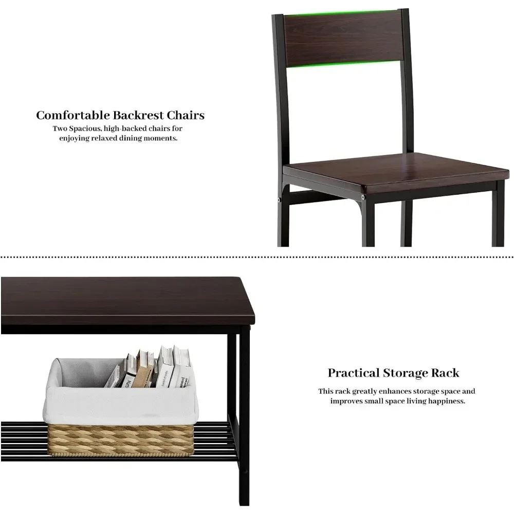 Dining Table Set for 4, Small Kitchen Table and Chairs for Space Saving, 1 Bench with Storage and 2 Chairs with Backrest