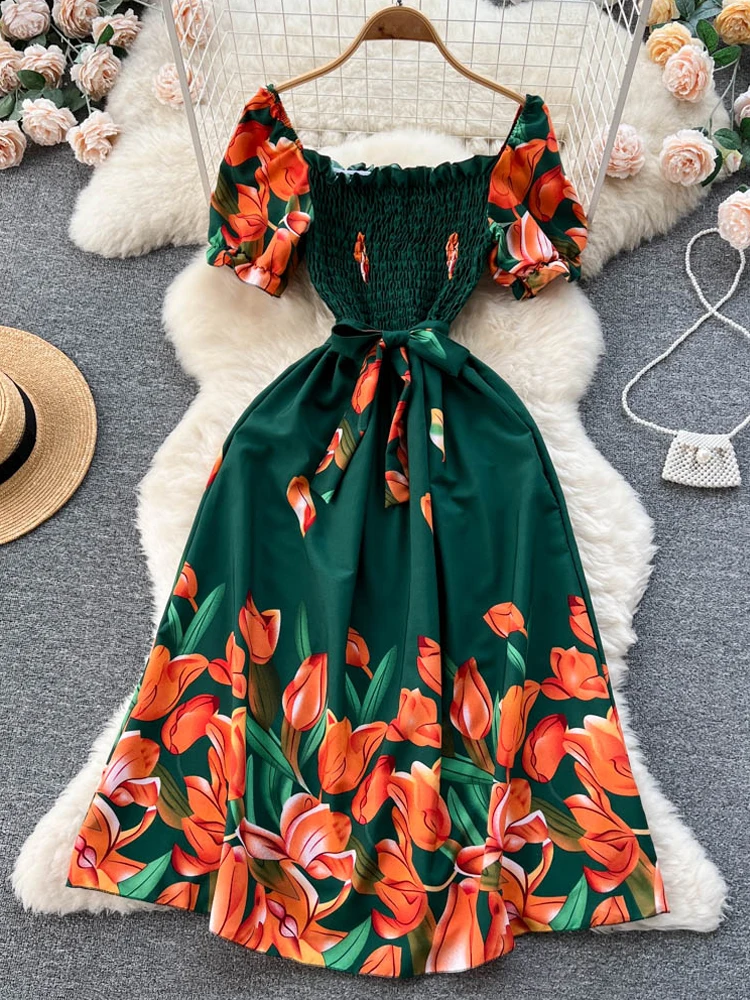 YuooMuoo Limited Big Sales Women Dress Vintage Print Flowers Sash Bandage Long Summer Dress Elegant Y2K Korean Party Vestido