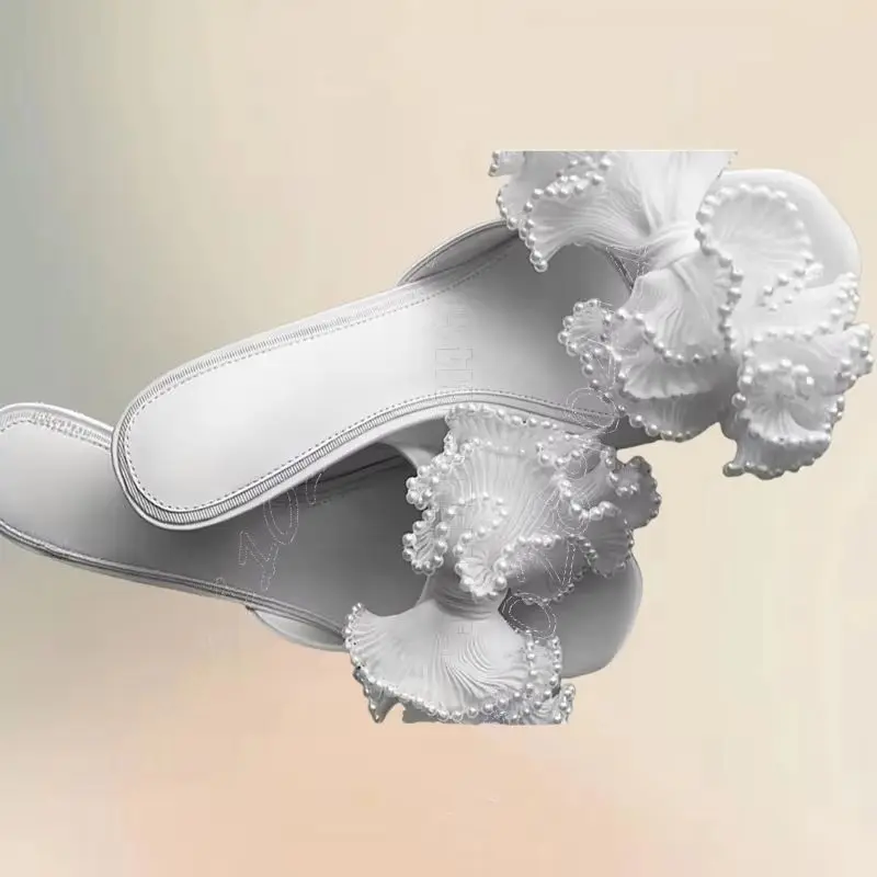 

Pink Mesh Pleated Pearl Design Open Toe Slippers Slip On Women Shoes Thin High Heels New Party Banquet 2026 Zapatos Para Mujere
