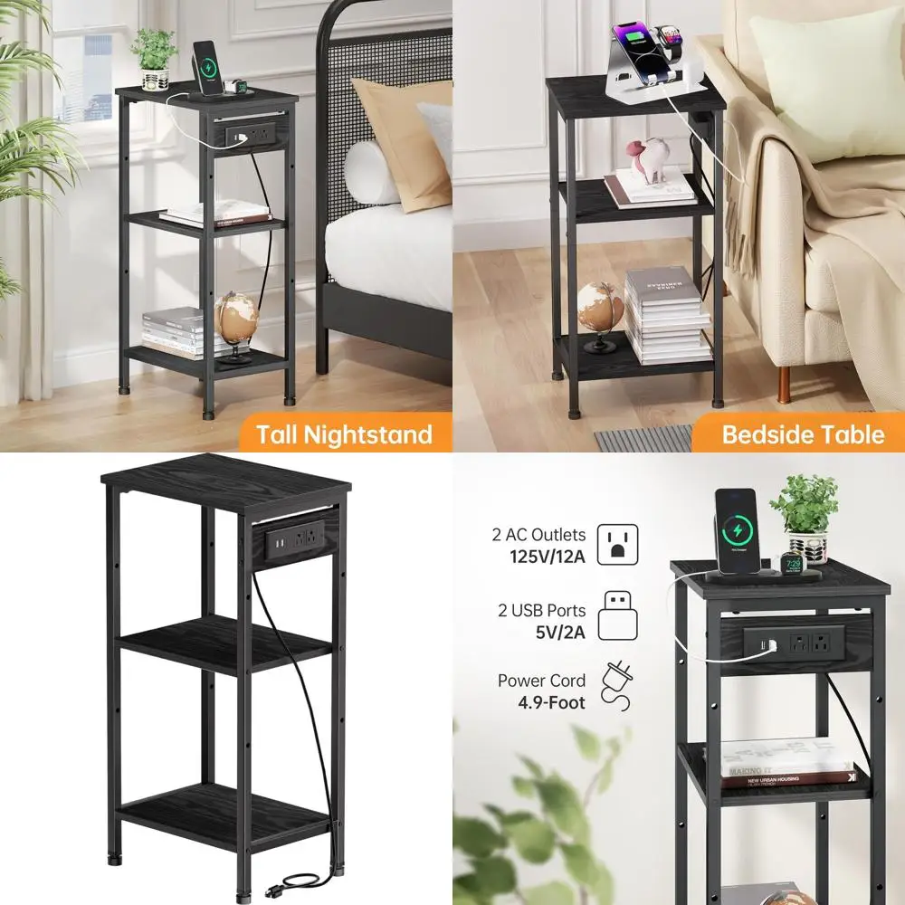 

Black Slim 3-Tier Nightstand with Charging and Storage for Bedrooms, Living Rooms, and Offices