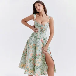 Sunin heart Sommerkleid Frauen grün schnüren Kleid mit Blumen druck elegant mit Knochen lässig Party Urlaubs kleid hohe Qualität