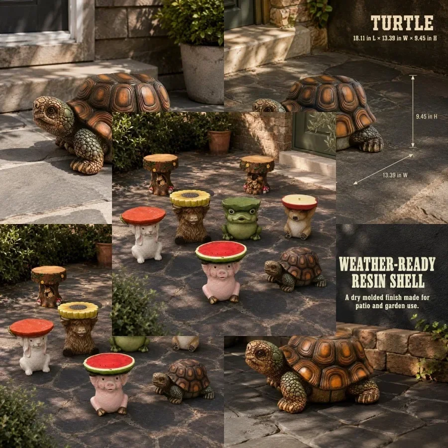Brown Turtle Resin Outdoor Plant Stand, Garden Decor Stool, Low Shell Seat