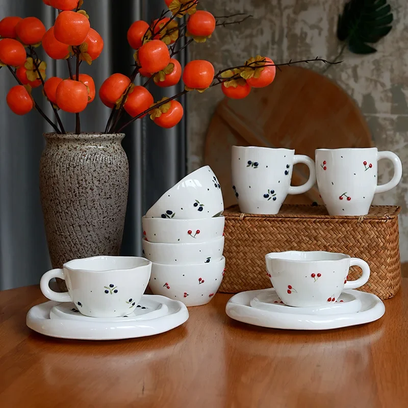 Cute 3D Cherry Pattern Ceramic 250ML Cups Sets Round Small Cup+Cake Plates Sets/290ML Mugs Under Glazed Afternoon Tea Tablewares