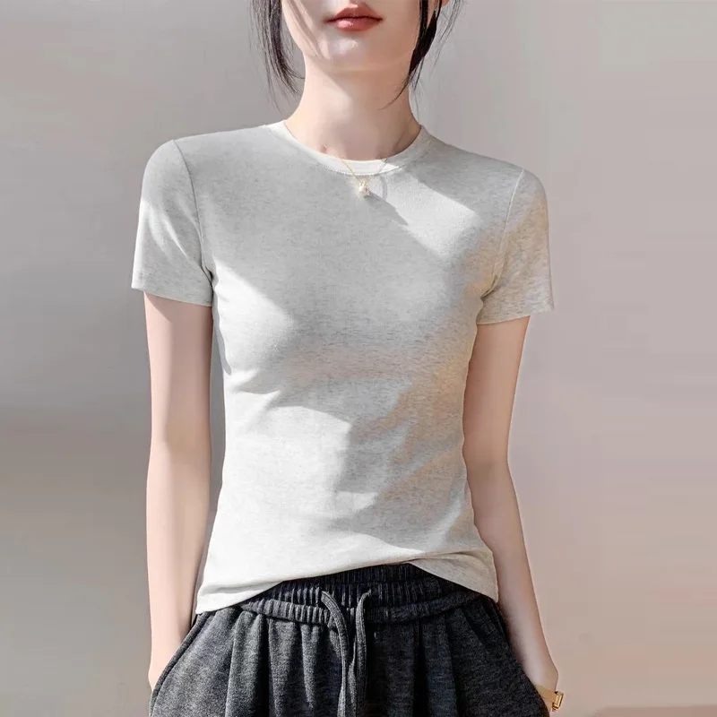 Cotton T Shirt for Women Summer 21 Solid Colors O Neck Sexy Office Lady TShirt Skinny Slim Basic Top Casual Fashion Clothing