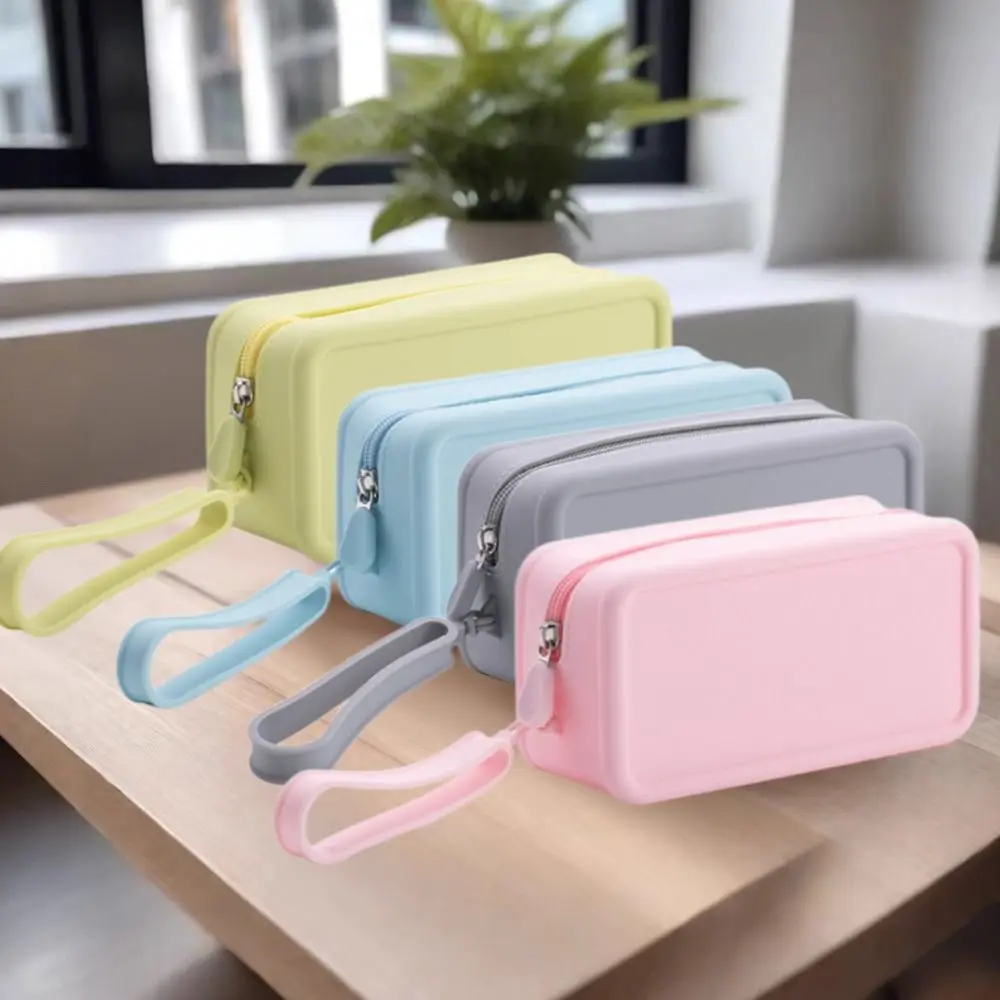 Einfarbige Kosmetiktasche, tragbar, rechteckig, Silikon, hohe Kapazität, Münzgeldbörse, Kopfhörertasche, Artikeltasche, Schreibwarentasche für Damen