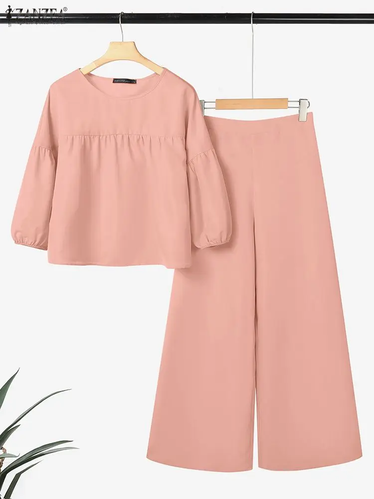 

Plus Size 5XL ZANZEA Women Fashion 2 Piece Outfits Autumn 3/4 Sleeve Tops and Wide Leg Pants Solid Color Pants Sets Elegant 2pcs