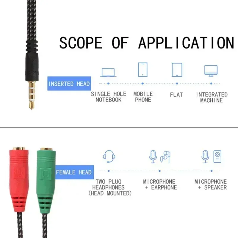 Jack 3.5mm 1 In 2 Braided Red And Green Splitter 1 Male To 2 Dual Female Adapter Audio Cable Earphone Mic Audio Cable Adapter