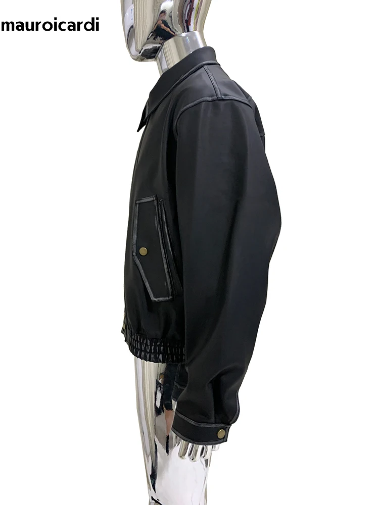 

Mauroicardi Autumn Cool Short Vintage Distressed Black Pu Leather jacket Men Turn-Down Collar Luxury European Fashion Clothes