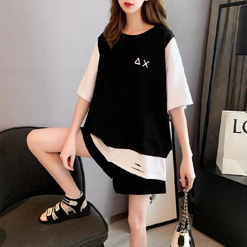 Women Summer Sets Short Sleeve Hole T-shirt+Shorts 2Pcs Suit Fashion Print Outfits Female Loose Casual Tracksuit Sports Wear