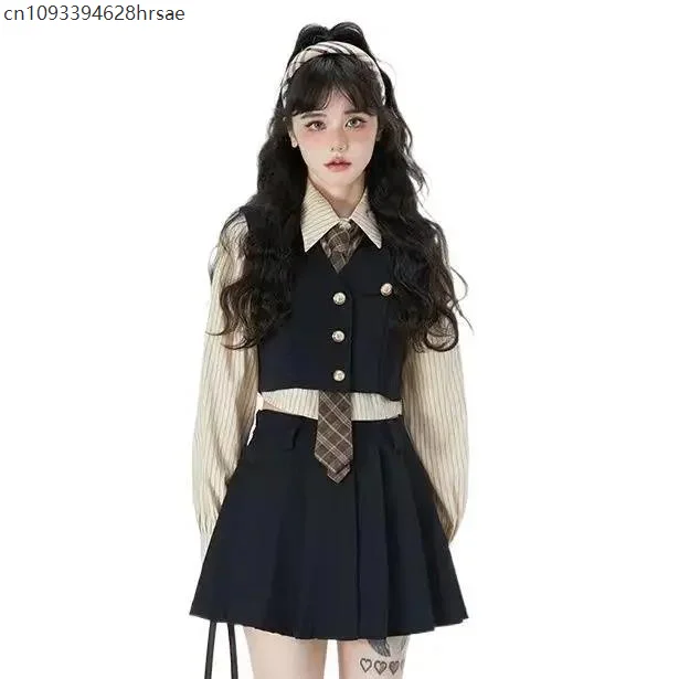 

Vintage College Style Vest Pleated Skirt Set Fashion Daily Wear 2025 Spring Summer New Korean Style School Uniform Women JK Suit