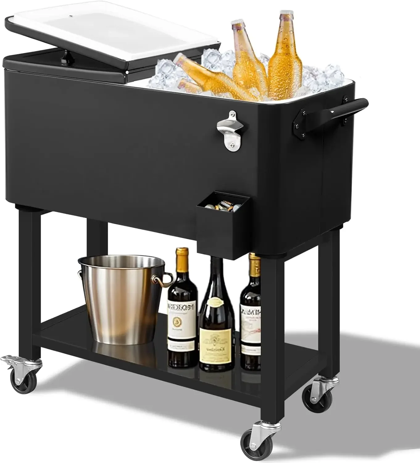 80 Quart Rolling Ice Chest Cooler Cart on Wheels, Portable Outdoor Drink Cooler & Beverage Cart for Patio Porch Deck Beach Party
