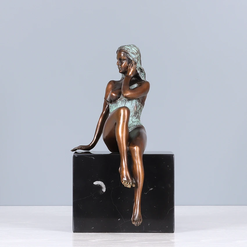 Hot Bare Sitting Girl Statue Bronze Erotic Sculpture Nude Female Brass Figurine Art Marble Base Decor Gifts 25CM