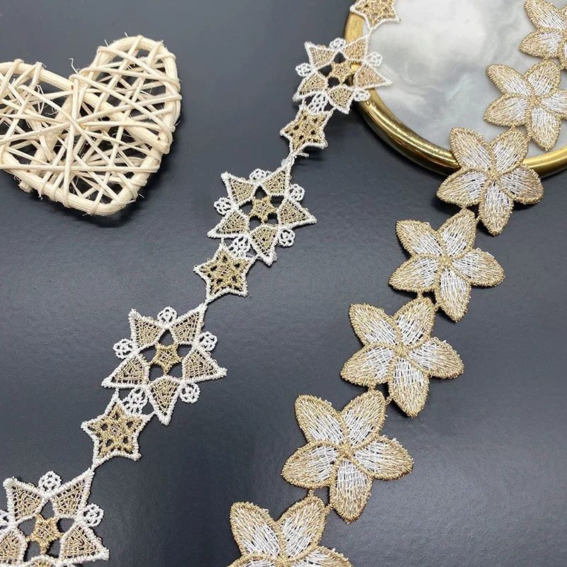 1 Yard Flower Leaves Stars Embroidery Lace Sewing Gold Wedding Dress Fringe Collar Crafts Fabric Sewing Accessories Wholesale