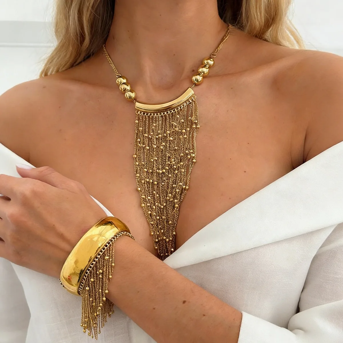 Vintage Waterfall-like Metal Round Bead Chain Long Tassel Necklace Bracelet for Women Fashion Jewelry Evening Party Evening Prom